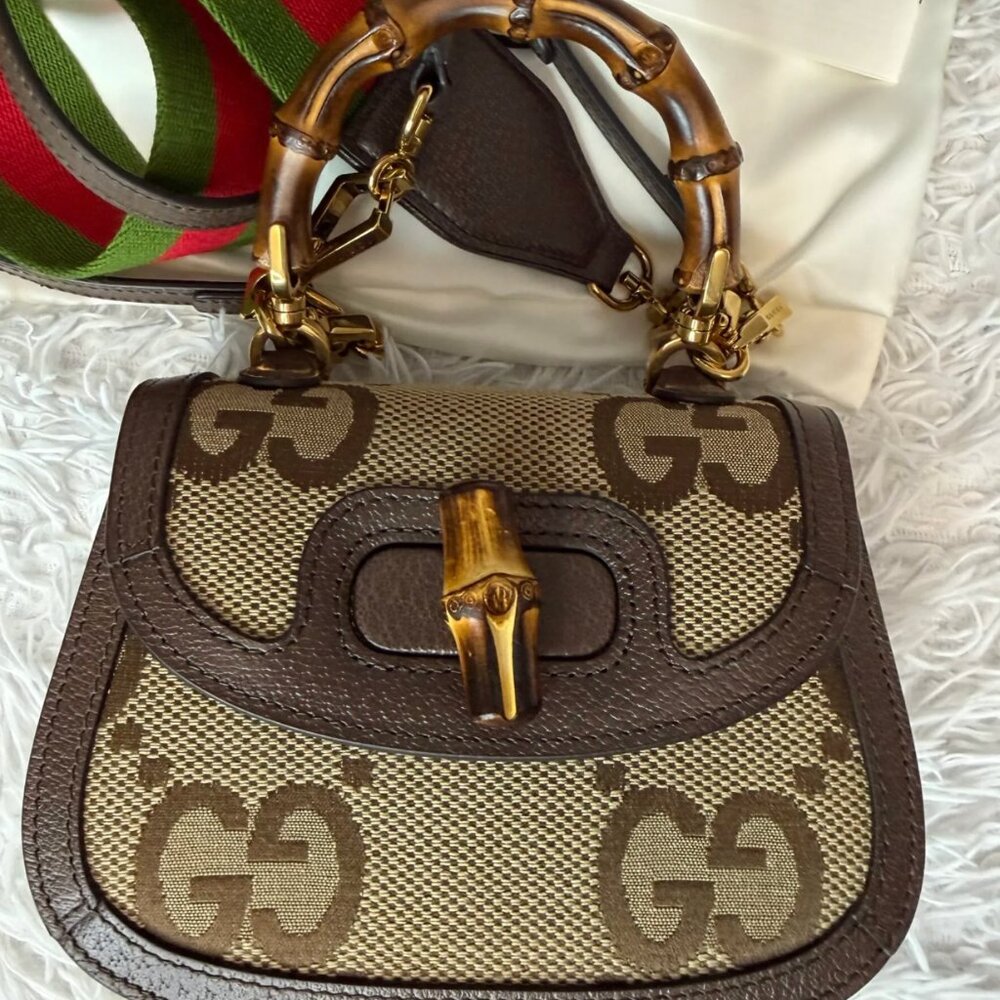 GUCCI Monogram Jumbo GG Textured Dollar Calfskin Web Mini Bamboo 1947 Top Handle